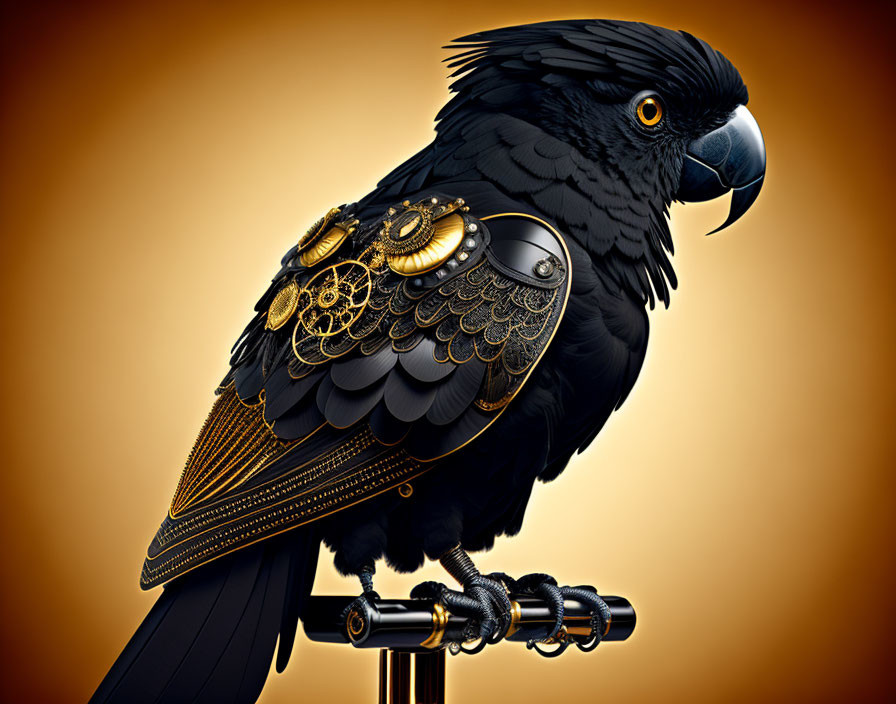 Steampunk-style black parrot with mechanical wing on metal stand