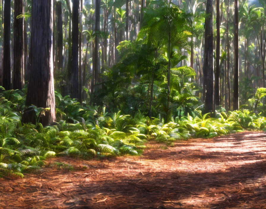 Sunlight Filtering Through Tall Trees onto Forest Floor