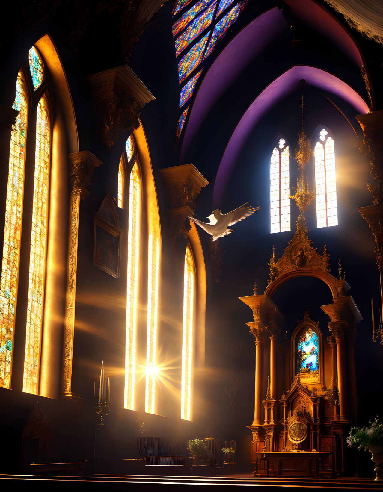 Gothic church interior with stained-glass windows and ornate altar