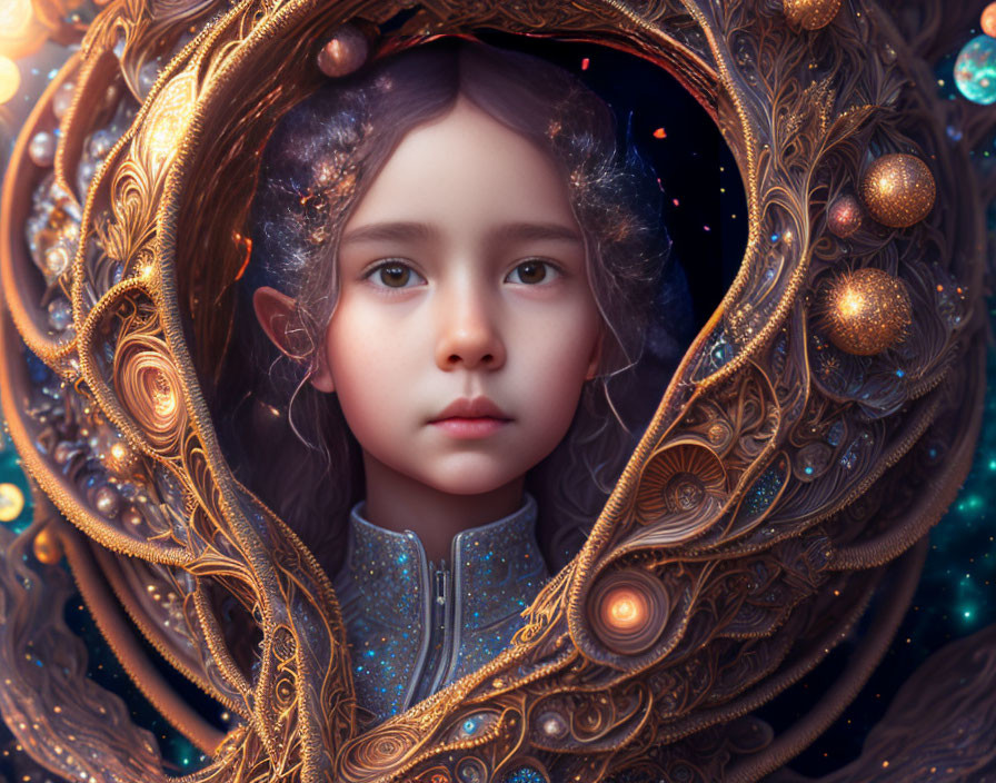 Cosmic-themed digital artwork of a girl surrounded by intricate golden filigree