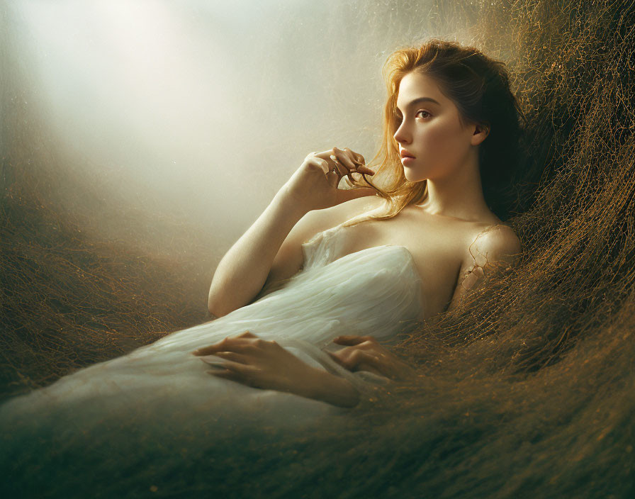 Red-haired woman in white gown surrounded by ethereal light