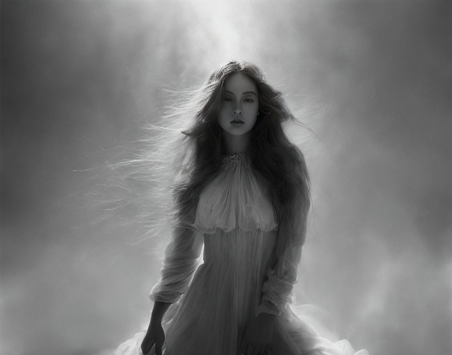 Monochrome image of woman in flowing dress with ethereal glow