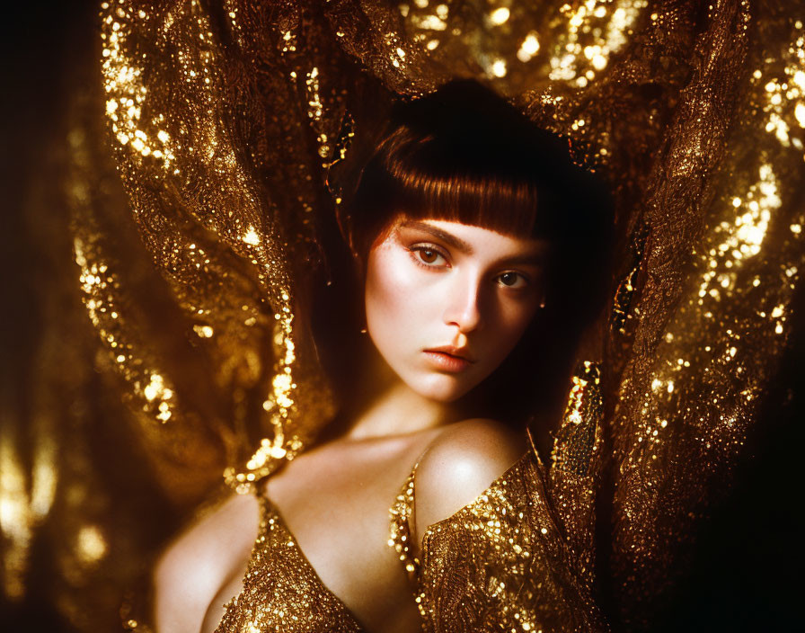 Portrait of a woman with fringe surrounded by shimmering golden fabric