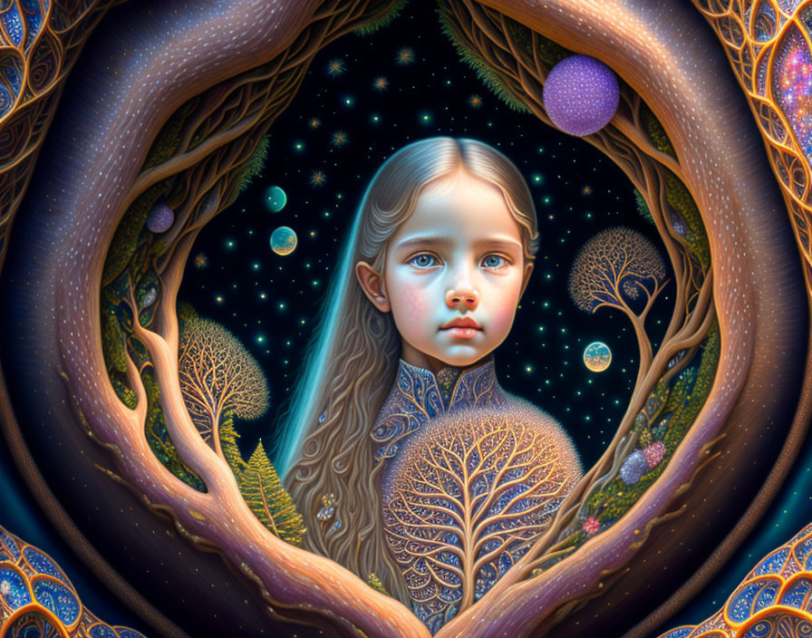 Surreal art: Girl with cosmic features, intricate looped trees, stars, planets.