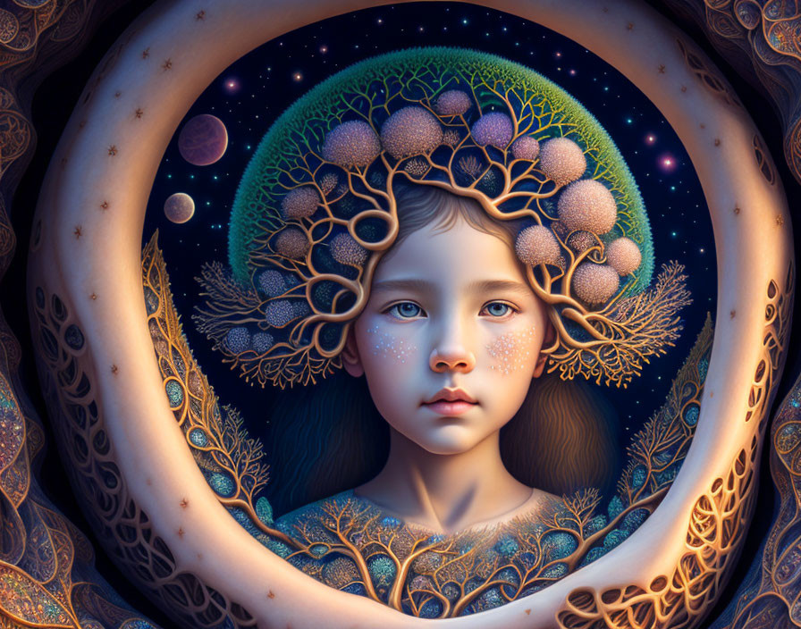 Child with Tree Crown in Ornate Frame Under Starry Night