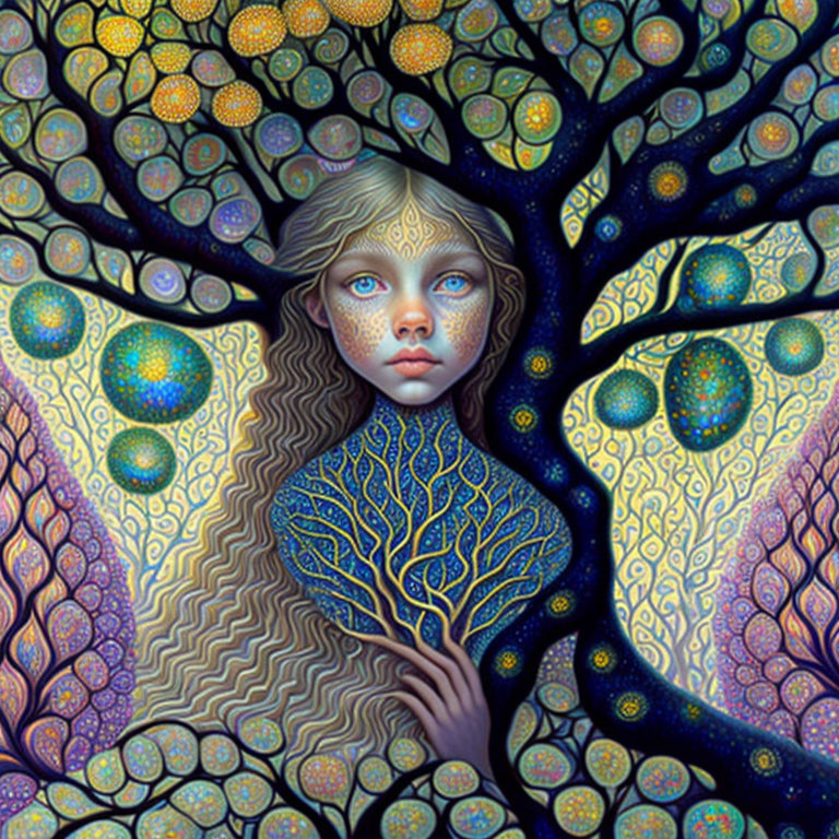 Surreal Artwork: Girl with Tree Branches Hair and Intricate Patterns