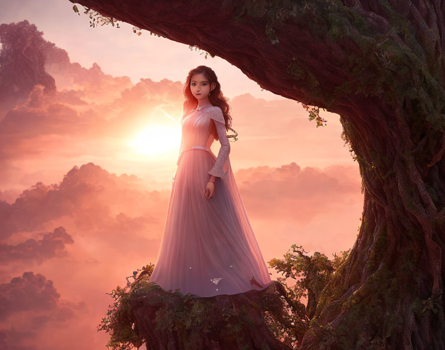 Woman in Lavender Dress on Gnarled Tree Branch in Misty Sunrise Landscape