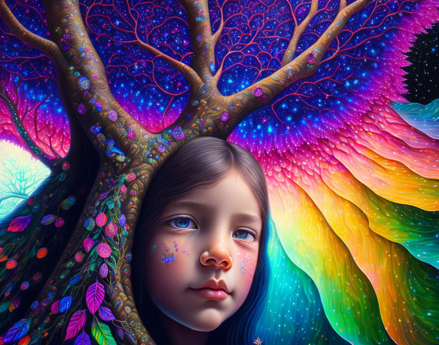 Surreal illustration of girl in cosmic tree with colorful branches