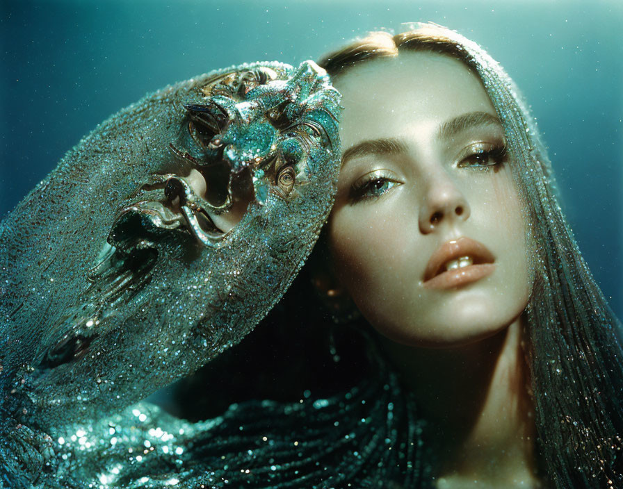 Glistening Attire and Jeweled Glove on Woman Under Blue Light