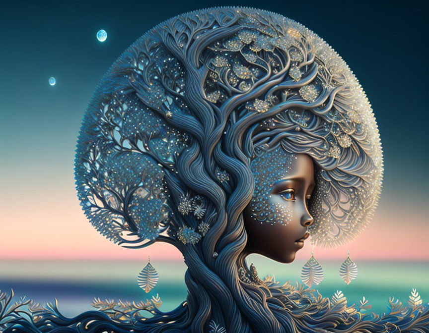 Girl's hair merges into intricate tree branches under twilight sky