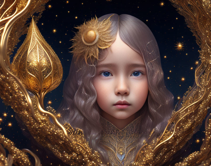 Surreal portrait: Child with silver curly hair, golden filigree, stars