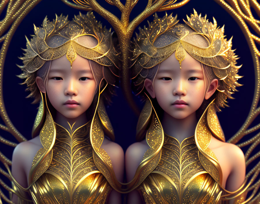 Two Twin Girls in Golden Crowns and Robes on Dark Blue Background