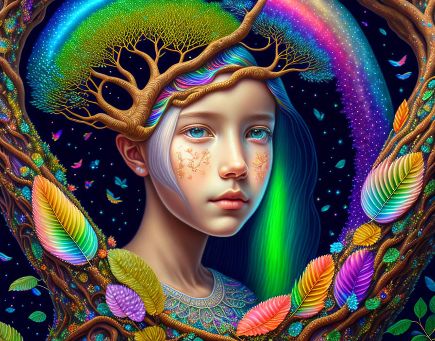 Fantastical portrait of girl with tree crown and cosmic backdrop