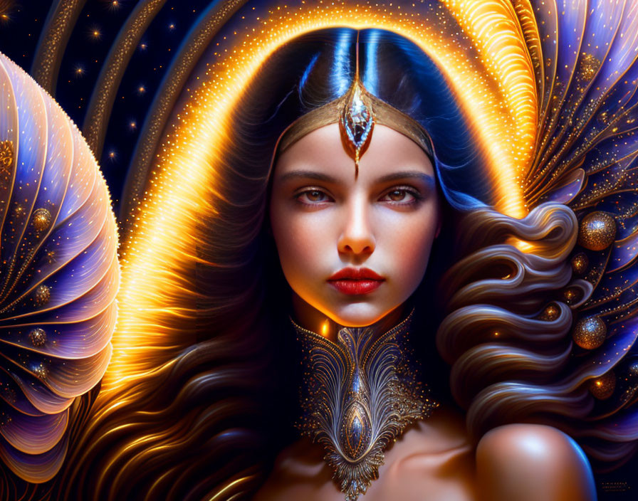 Digital artwork: Woman with luminescent wings, ornate headpiece, stars, and orbs