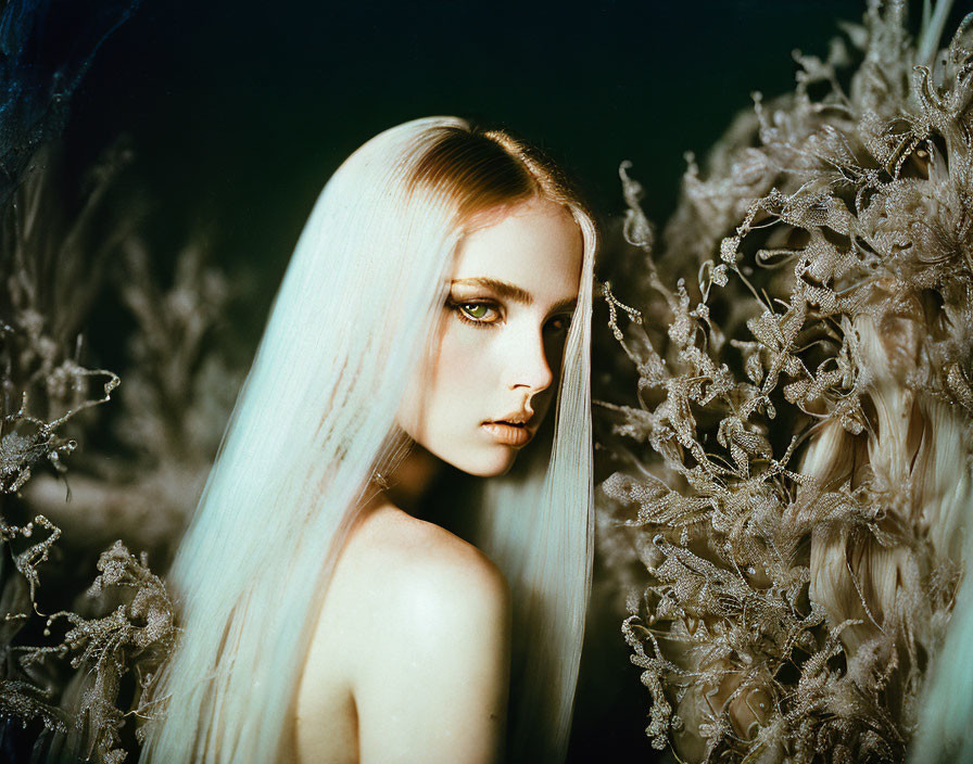 Platinum blonde woman with striking eyes and ornate lace-like patterns.