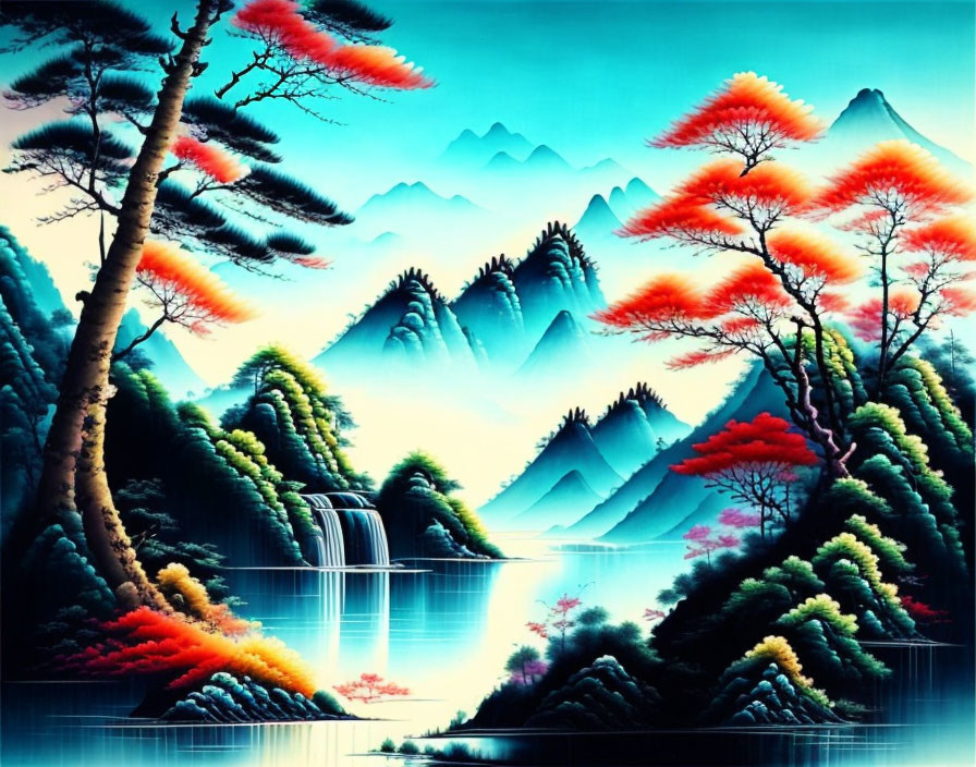 Colorful landscape painting with red trees, blue mountains, waterfall, and lake