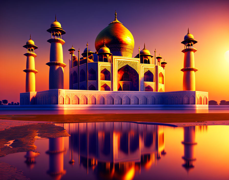 Colorful Taj Mahal illustration at sunset with reflection in water