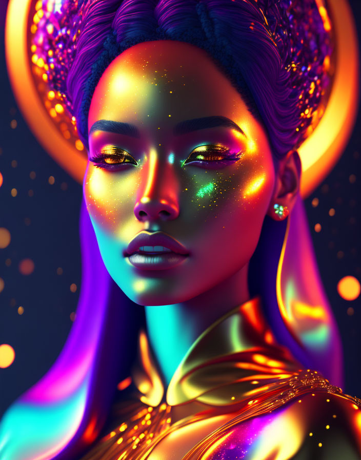 Colorful digital portrait of a woman with glowing skin and intricate headpiece