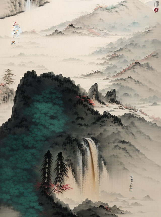 Traditional Asian Ink Wash Painting of Serene Landscape