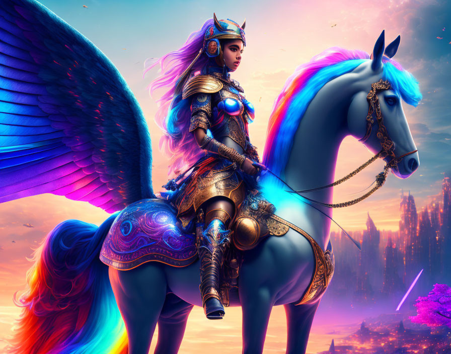 Female knight in ornate armor on majestic horse with rainbow wings in surreal pink sky