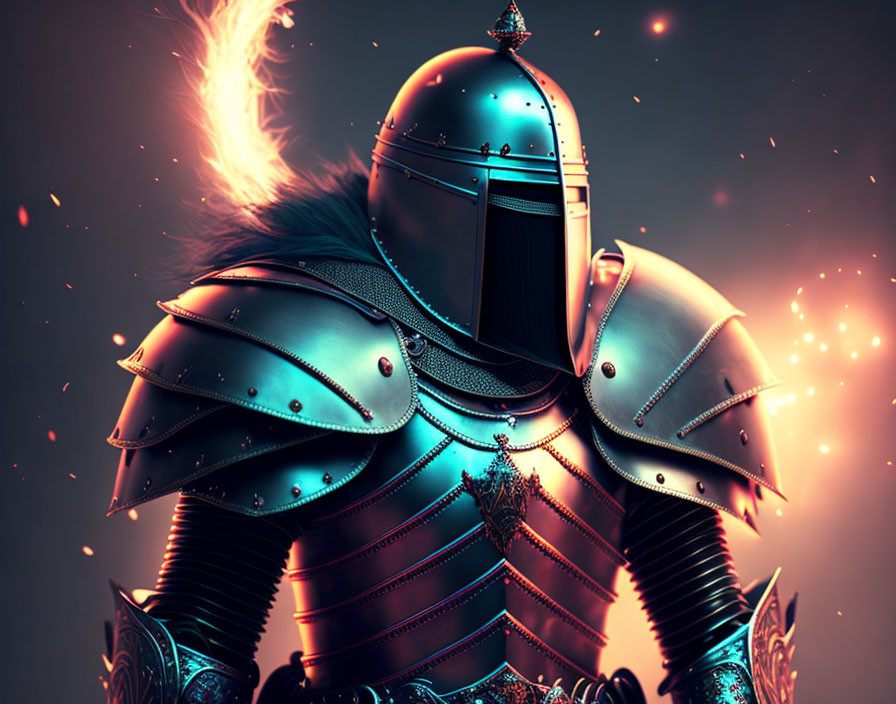 Ornate armored knight against fiery backdrop with plumed helmet