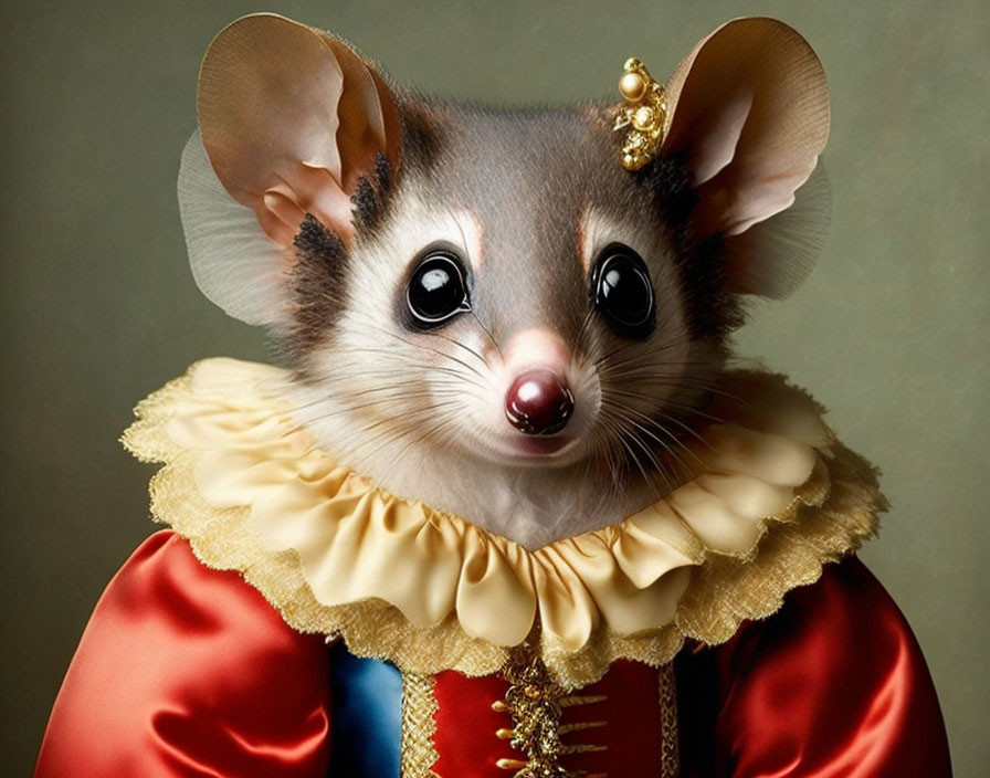 Anthropomorphic possum in royal attire on green background