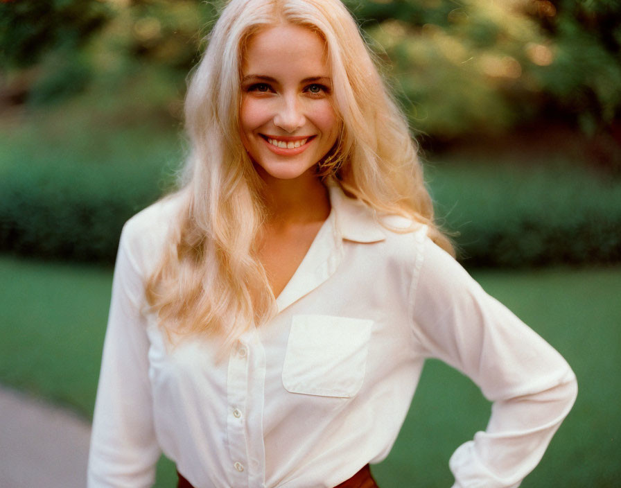 Blonde woman in white blouse and red pants posing outdoors