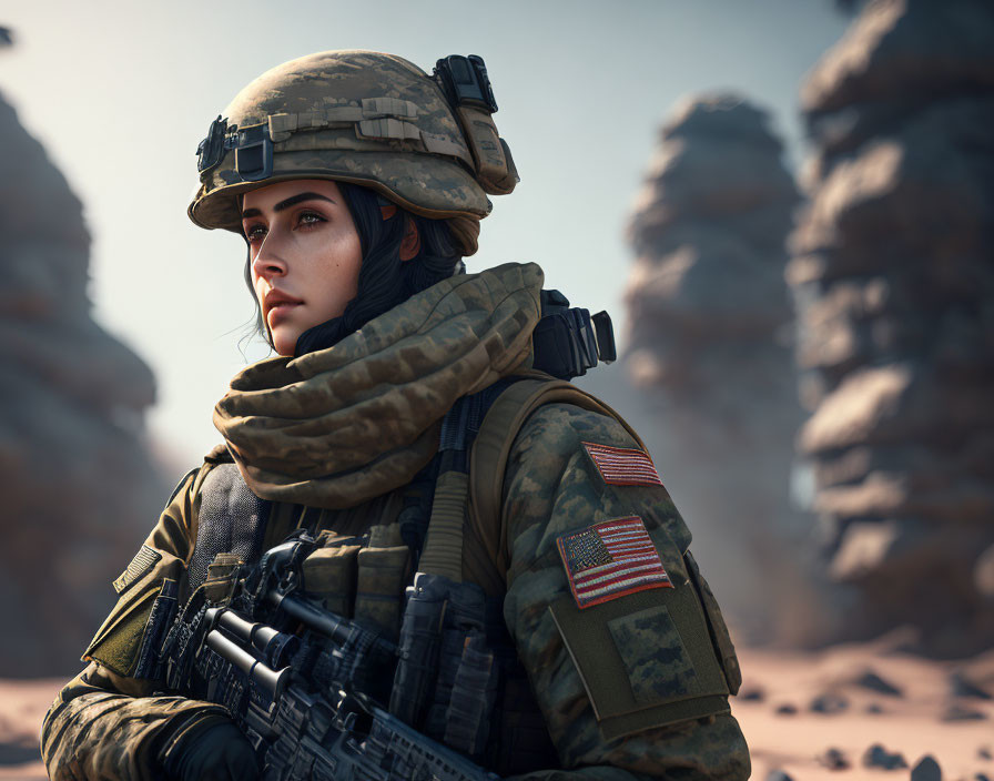 Female soldier in combat gear gazes across desert landscape