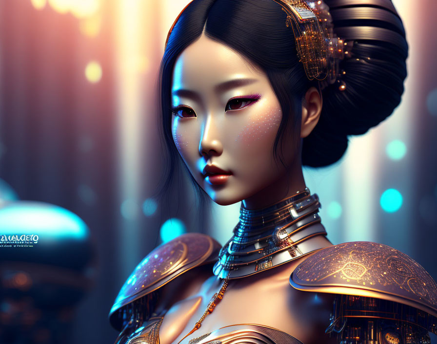 Asian-inspired female figure in futuristic armor with intricate hair accessories, amidst glowing lights.