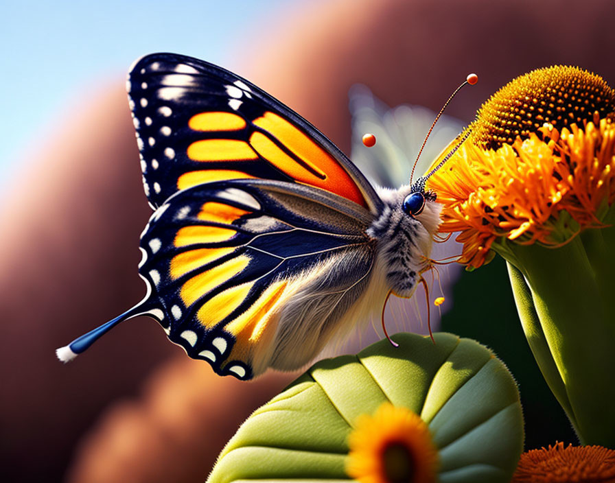 Colorful Monarch Butterfly on Orange Flower with Blurred Background