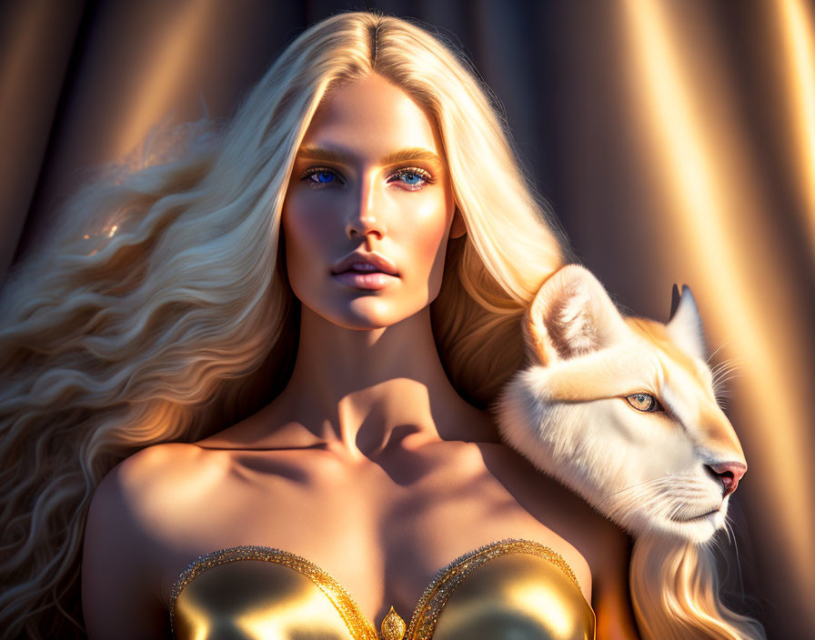 Golden-hued illustration of woman with long wavy hair and majestic feline in dramatic lighting