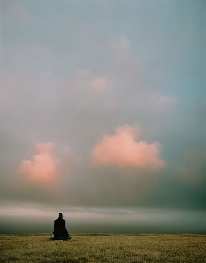 Solitary figure in vast field under pastel sky