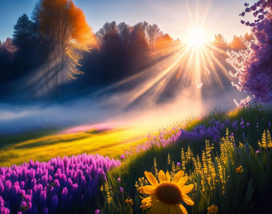 Colorful Sunrise with Beaming Rays Through Trees and Field of Flowers