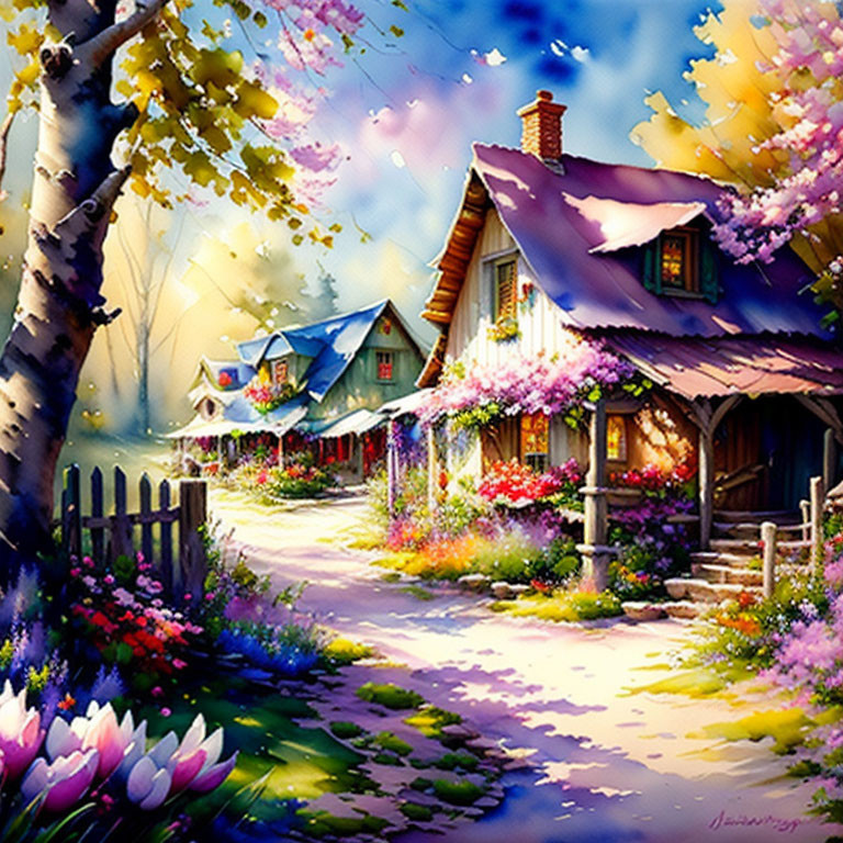 Vibrant painting of cottages, flowers, and trees under a sunny sky