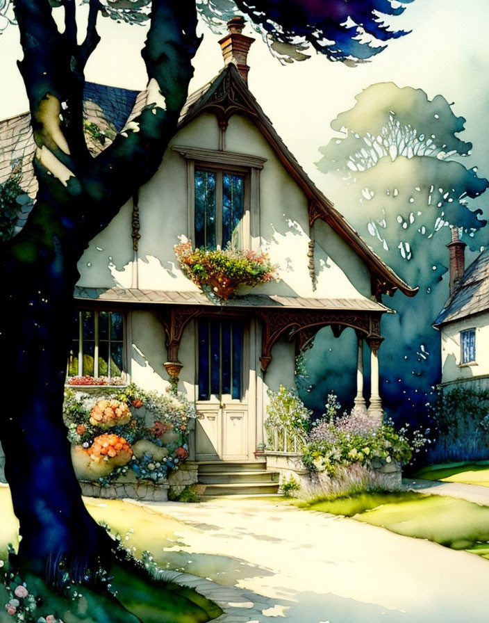 Detailed Watercolor Illustration of Cozy Home with Flowers and Tree