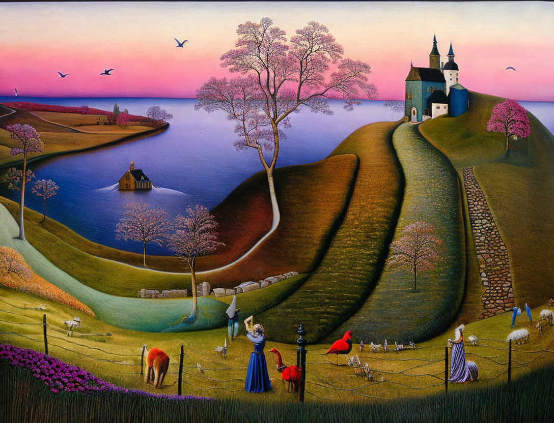 Vibrant landscape painting of rolling hills, church, blooming trees, people in period clothing,