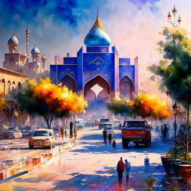 Busy street with mosque and blue dome in vibrant cityscape