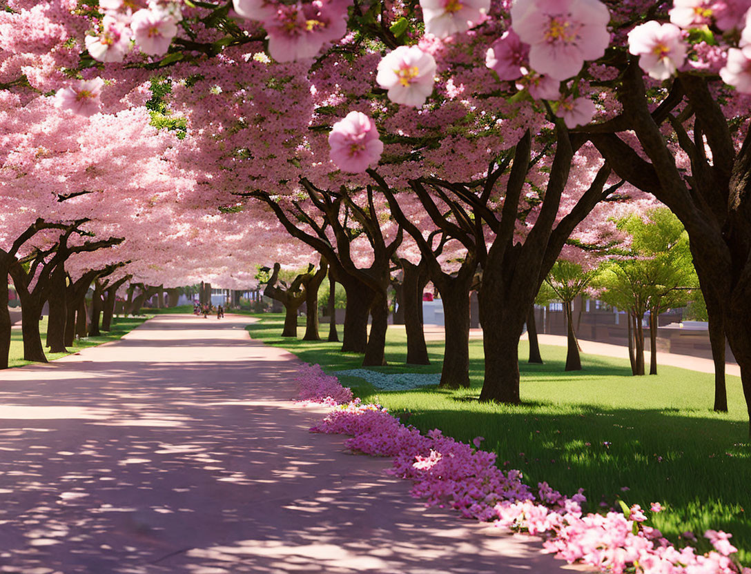 Blooming cherry blossoms create serene springtime scene