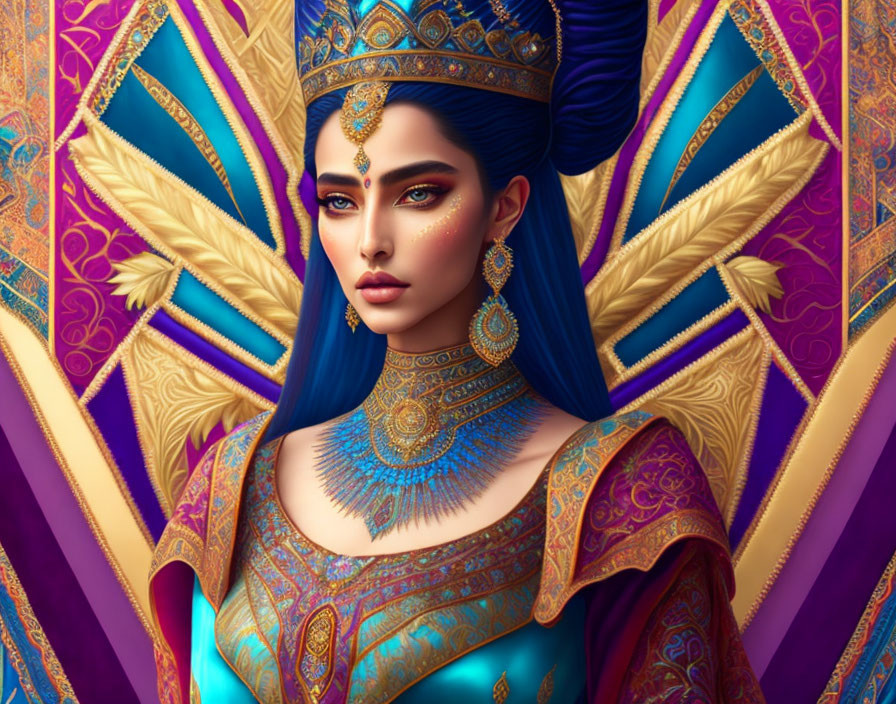 Detailed Illustration of Woman with Striking Blue Eyes in Luxurious Purple and Gold Attire