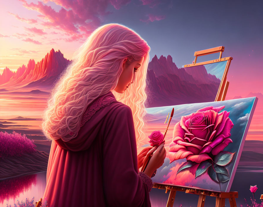 Long-haired artist painting pink rose against surreal sunset with mountain reflections