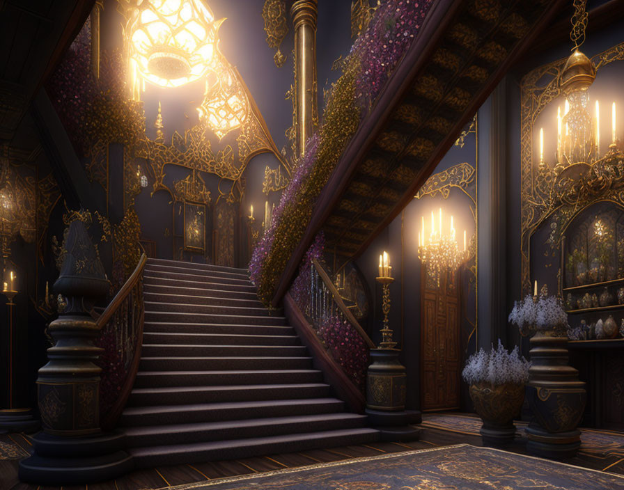 Opulent staircase with golden railings, violet flowers, and majestic chandeliers