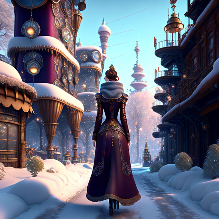 Vintage-dressed woman strolls snowy street with ornate buildings at twilight