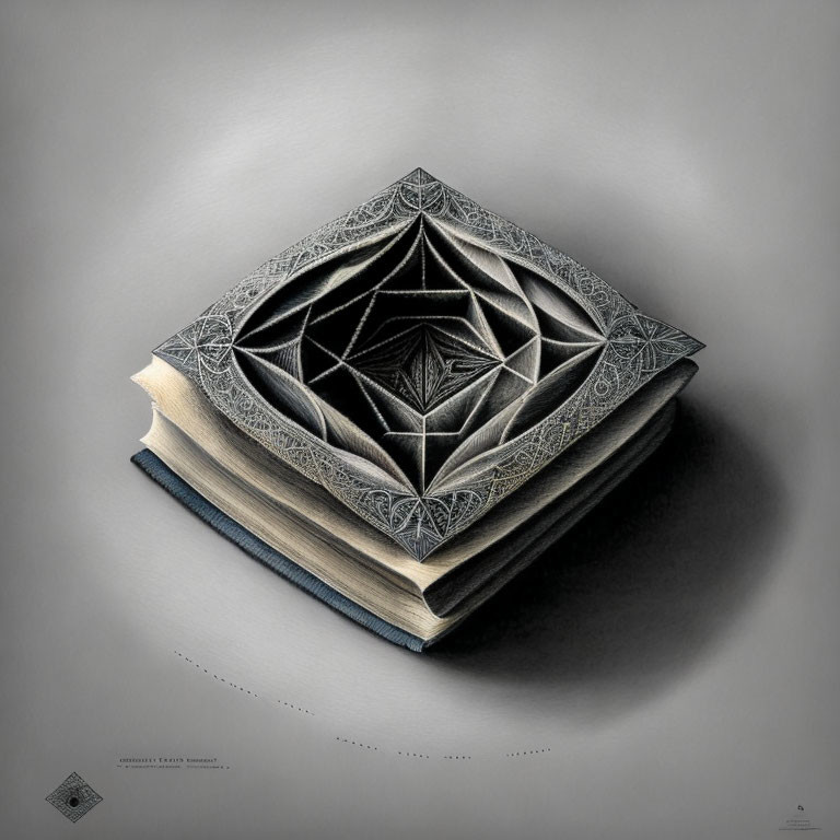 Intricately Carved 3D Geometric Design Book on Grey Background