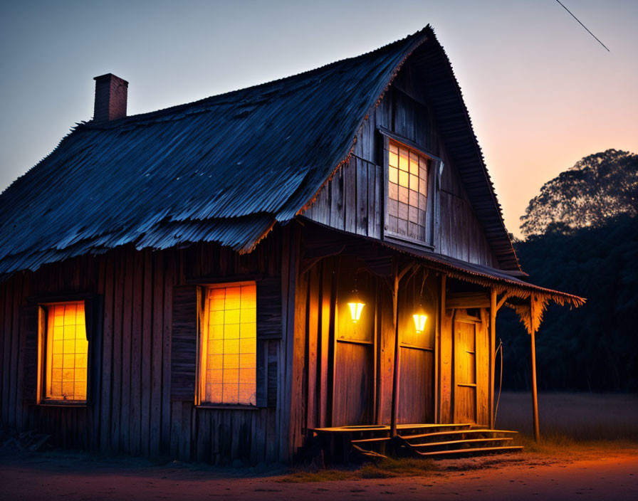 Cozy wooden house at dusk with forest backdrop