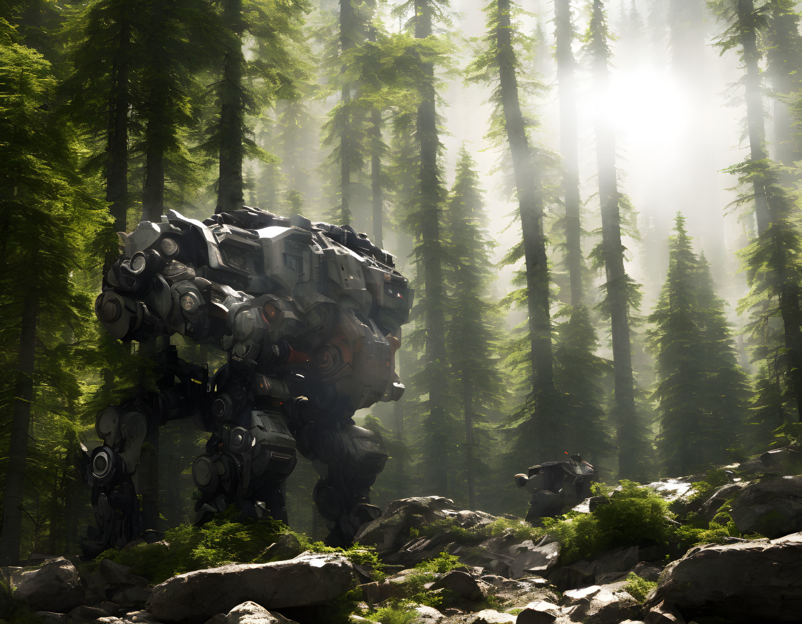 Giant Mech Robot in Sunlit Forest with Smaller Companion