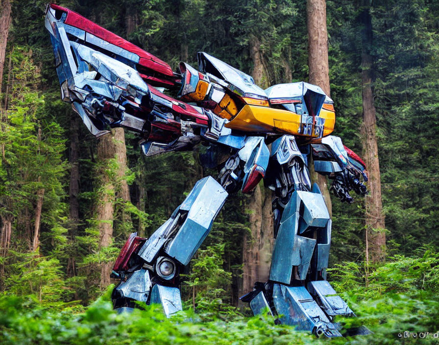 Colorful Transformer-like Robot Sculpture in Forest Setting