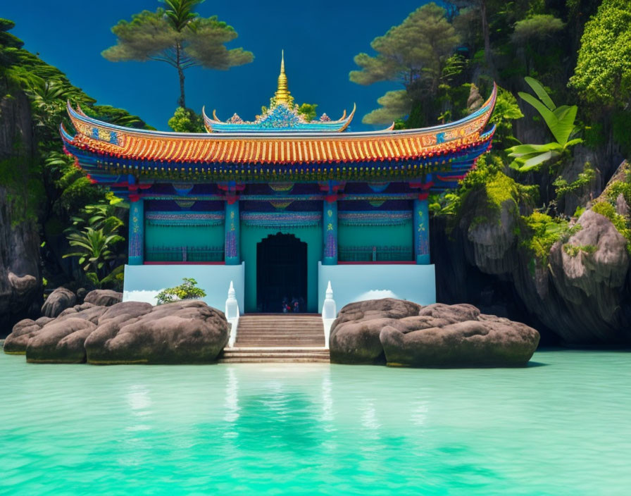 Traditional Asian temple near turquoise lake with lush greenery and ornate roof