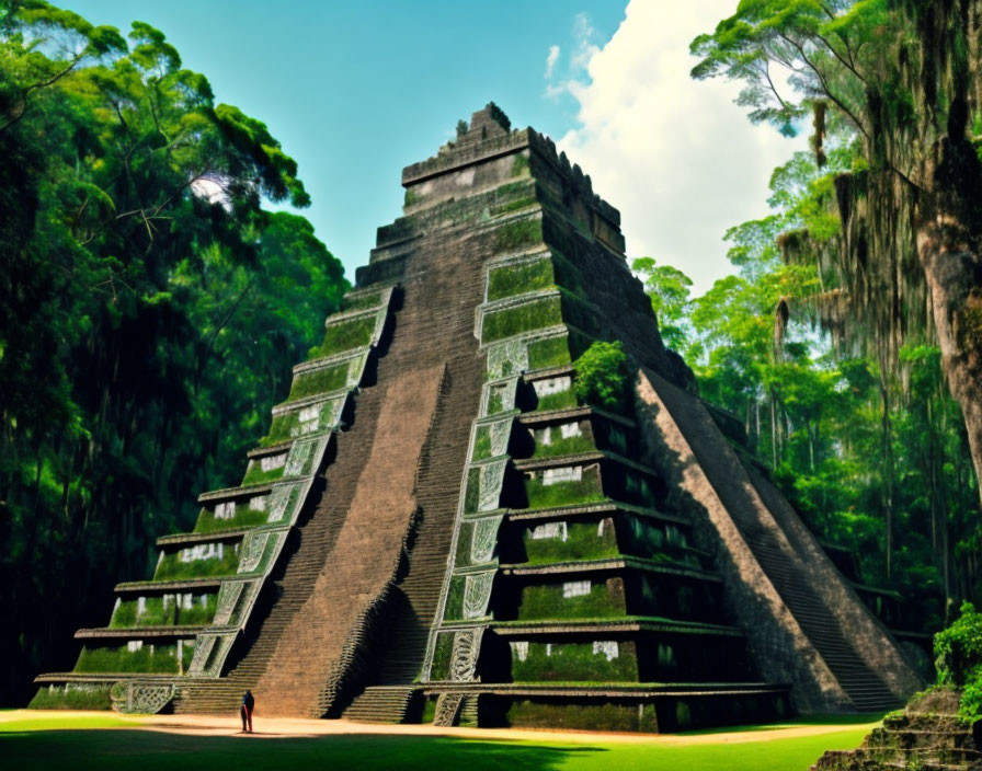 Ancient stepped pyramid in lush green surroundings