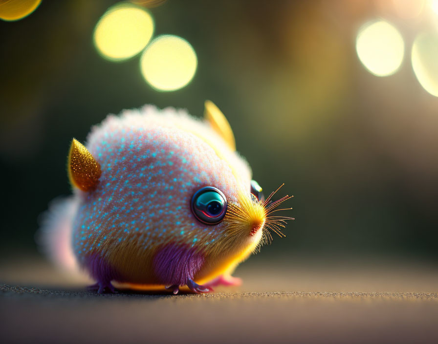 Colorful fluffy hedgehog-like creature with sparkling eyes and iridescent spines in soft light.