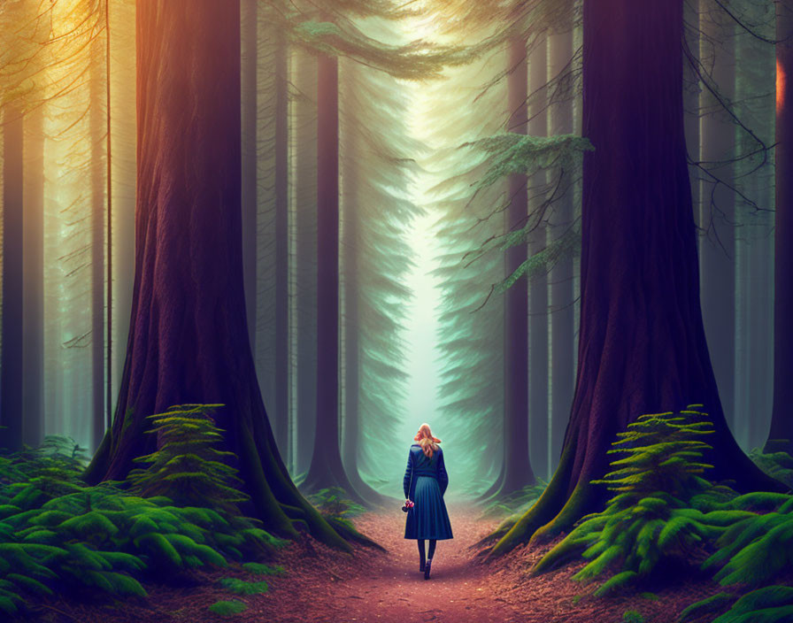 Person in mystical forest with towering trees and sunlight rays